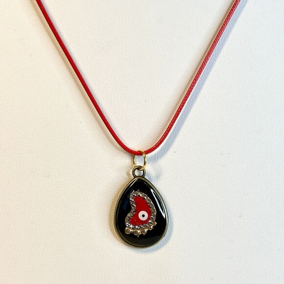 Handmade Evil Eye Resin Pendant Necklace Black Red 20" Red Waxed Cord - Picture 1 of 4